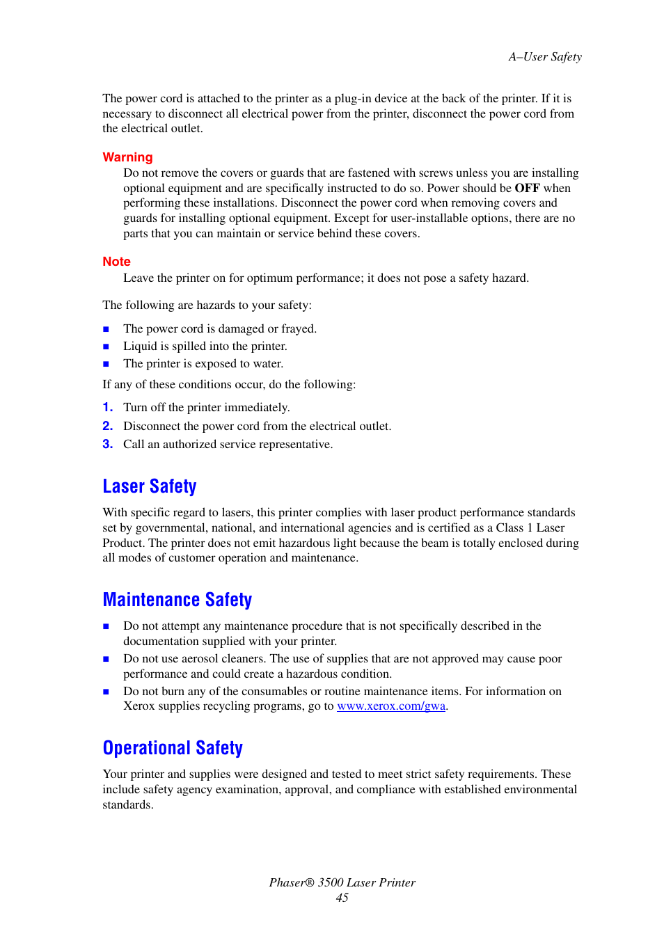 Laser safety, Maintenance safety, Operational safety | Xerox Laser Printer 3500 User Manual | Page 50 / 59