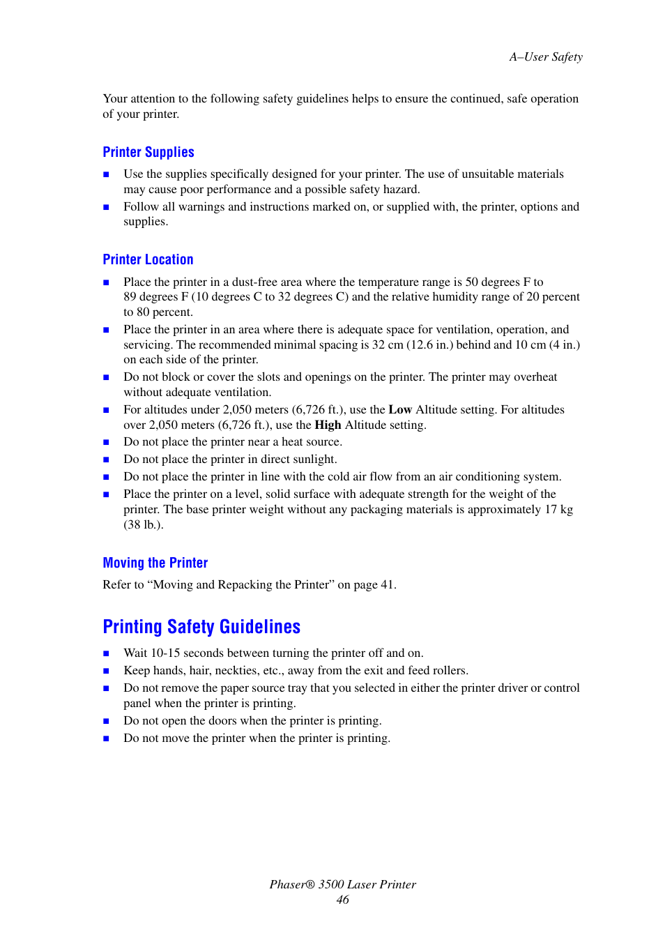 Printing safety guidelines | Xerox Laser Printer 3500 User Manual | Page 51 / 59