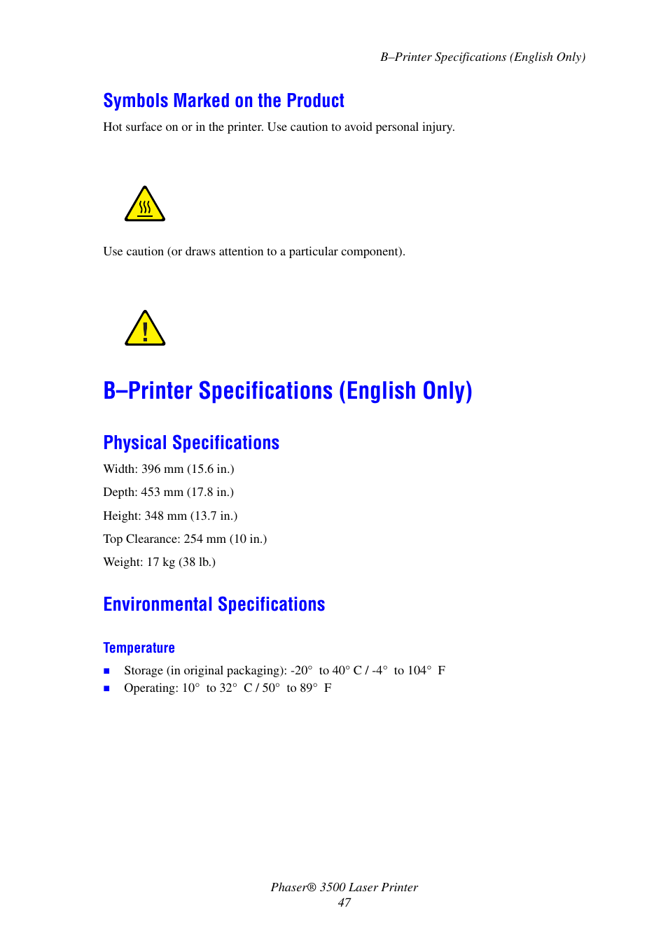 Symbols marked on the product, B-printer specifications (english only), Physical specifications | Environmental specifications, B–printer specifications (english only) | Xerox Laser Printer 3500 User Manual | Page 52 / 59