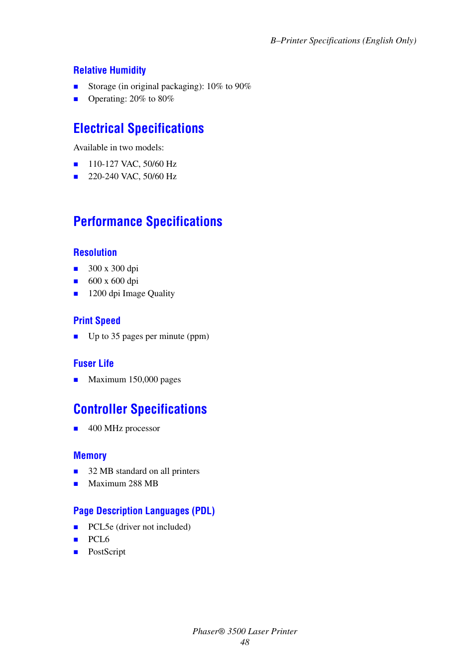 Electrical specifications, Performance specifications, Controller specifications | Xerox Laser Printer 3500 User Manual | Page 53 / 59