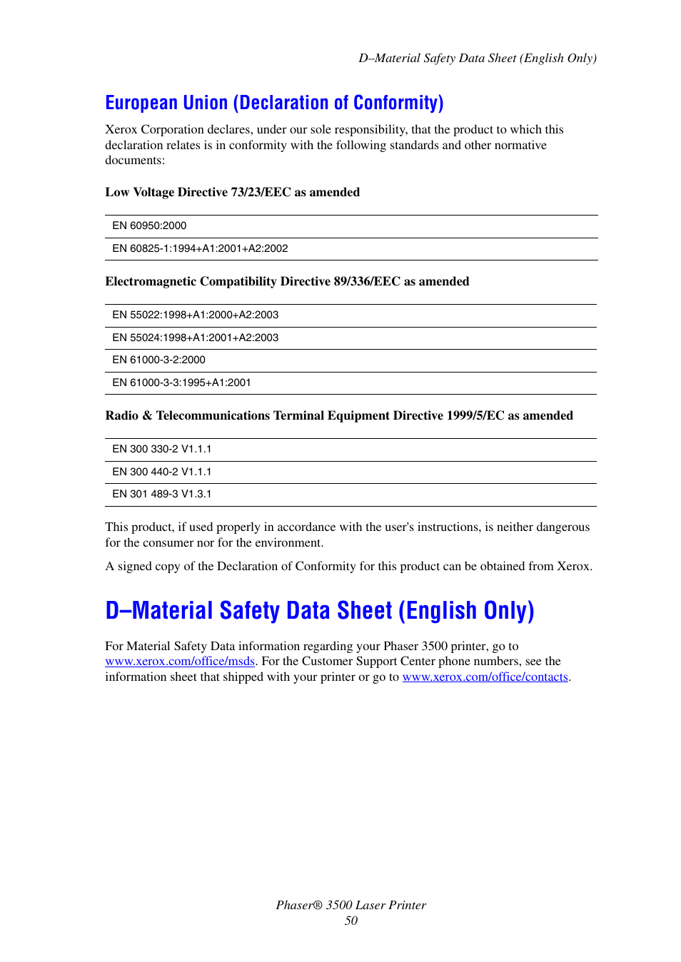 European union (declaration of conformity), D-material safety data sheet (english only), D–material safety data sheet (english only) | Xerox Laser Printer 3500 User Manual | Page 55 / 59
