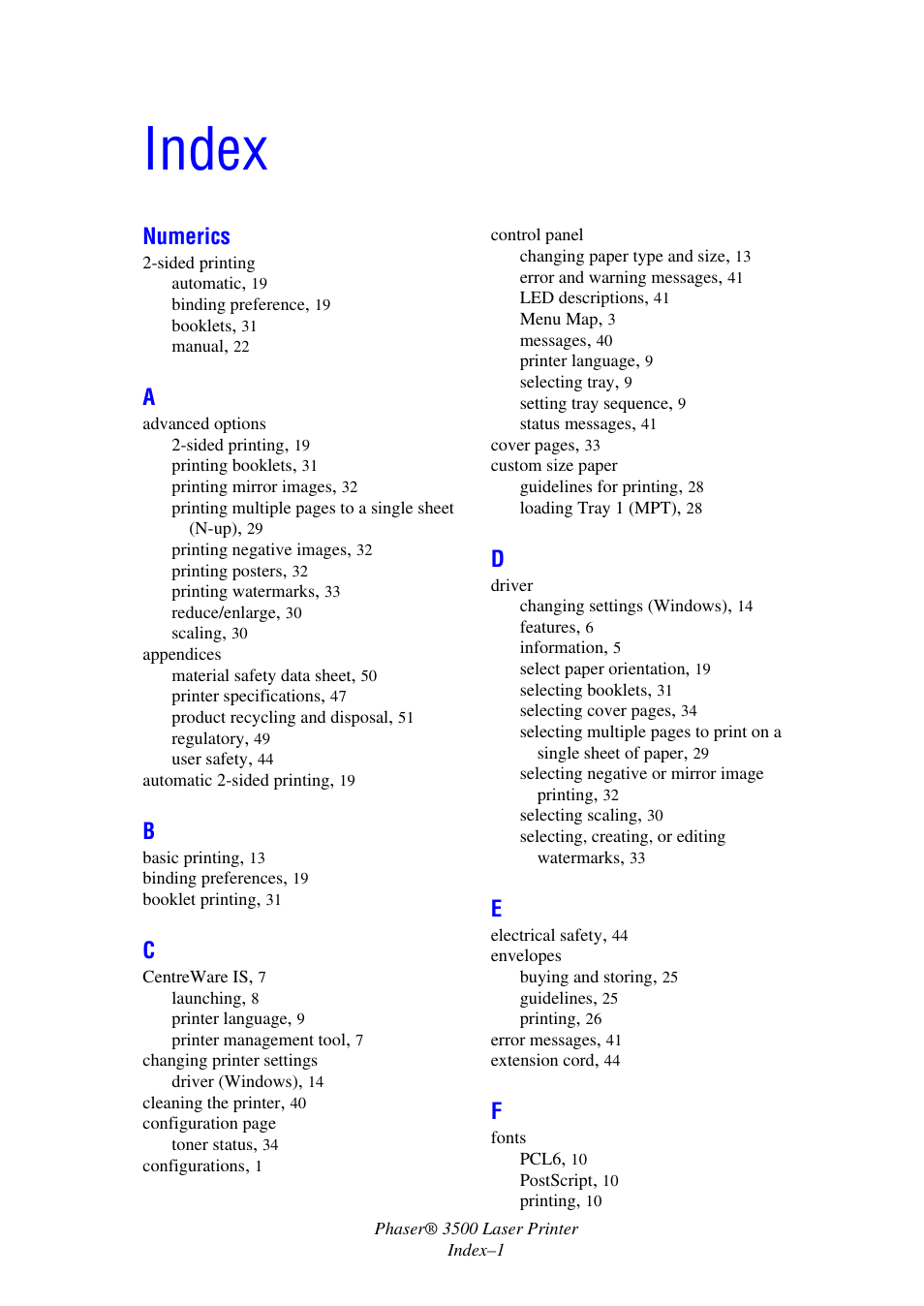 Index, Numerics | Xerox Laser Printer 3500 User Manual | Page 57 / 59