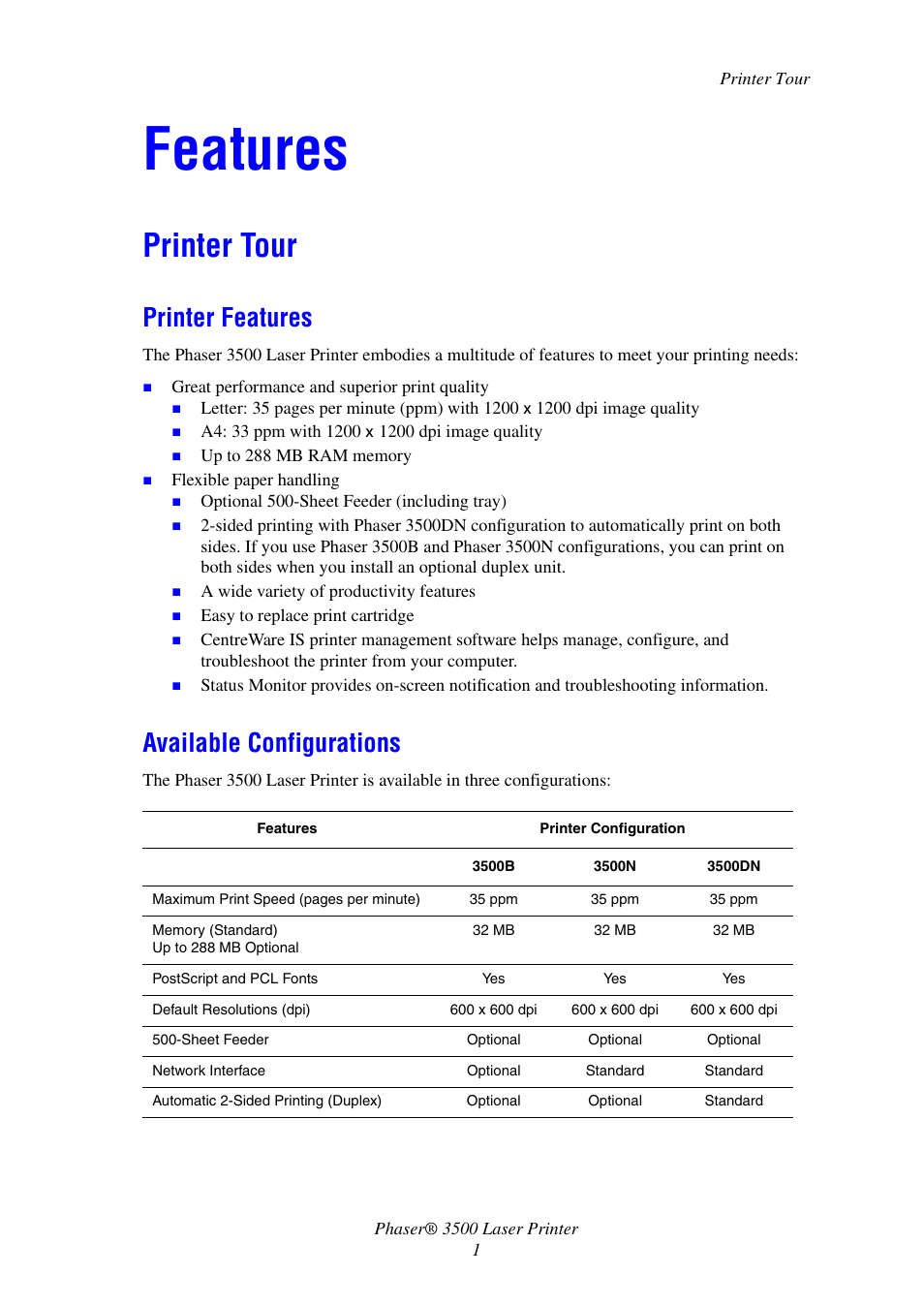 Features, Printer tour, Printer features | Available configurations, Printer features available configurations | Xerox Laser Printer 3500 User Manual | Page 6 / 59