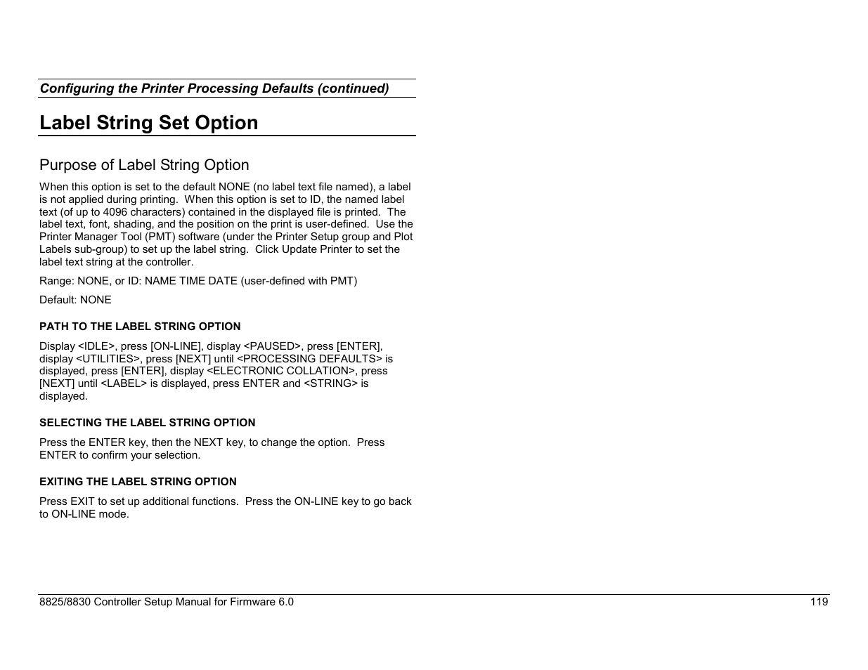 Label string set option, Purpose of label string option | Xerox 8825 User Manual | Page 135 / 162