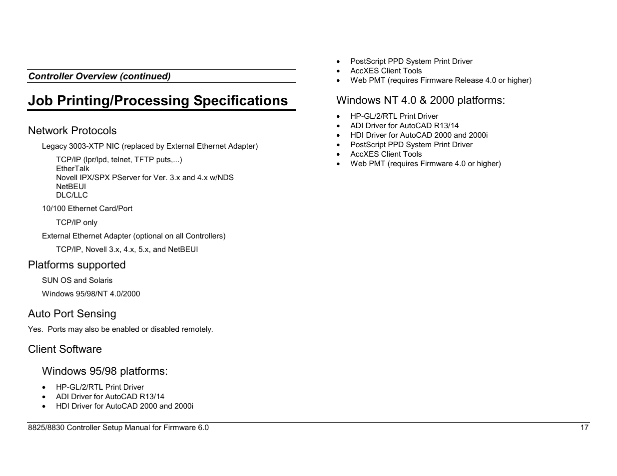 Job printing/processing specifications, Network protocols, Platforms supported | Auto port sensing, Client software, Windows 95/98 platforms, Windows nt 4.0 & 2000 platforms, European union, Canada, Japan | Xerox 8825 User Manual | Page 33 / 162