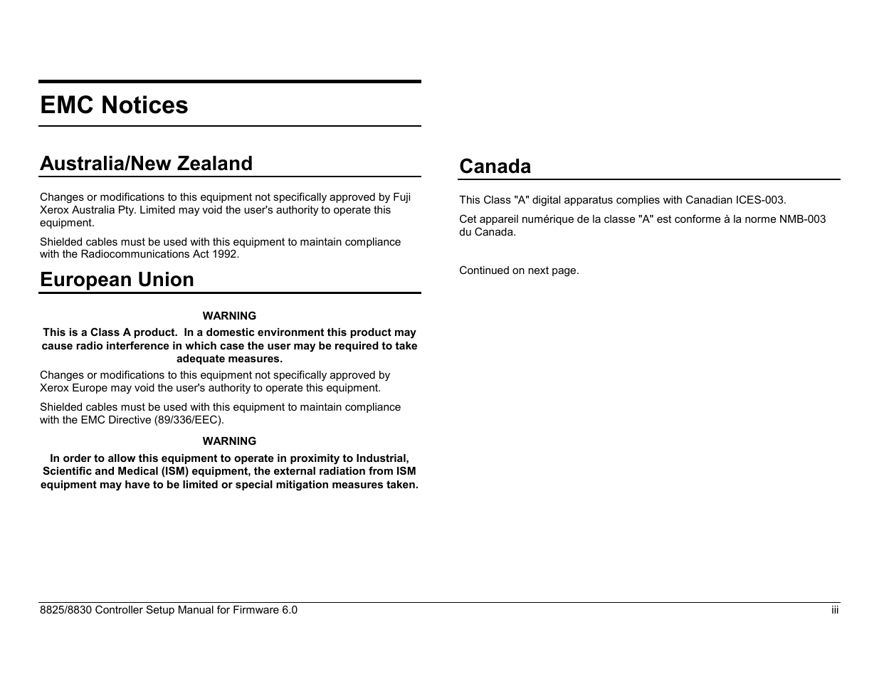Emc notices, Australia/new zealand, European union | Canada | Xerox 8825 User Manual | Page 5 / 162
