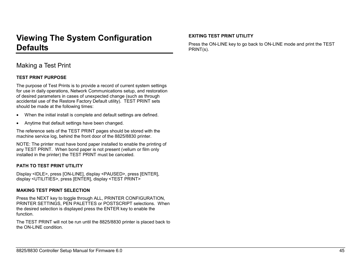 Viewing the system configuration defaults, Making a test print, Test print purpose | Path to test print utility, Making test print selection, Exiting test print utility, Setting the controller serial port parity, Path to the serial options, Selecting the serial options | Xerox 8825 User Manual | Page 61 / 162