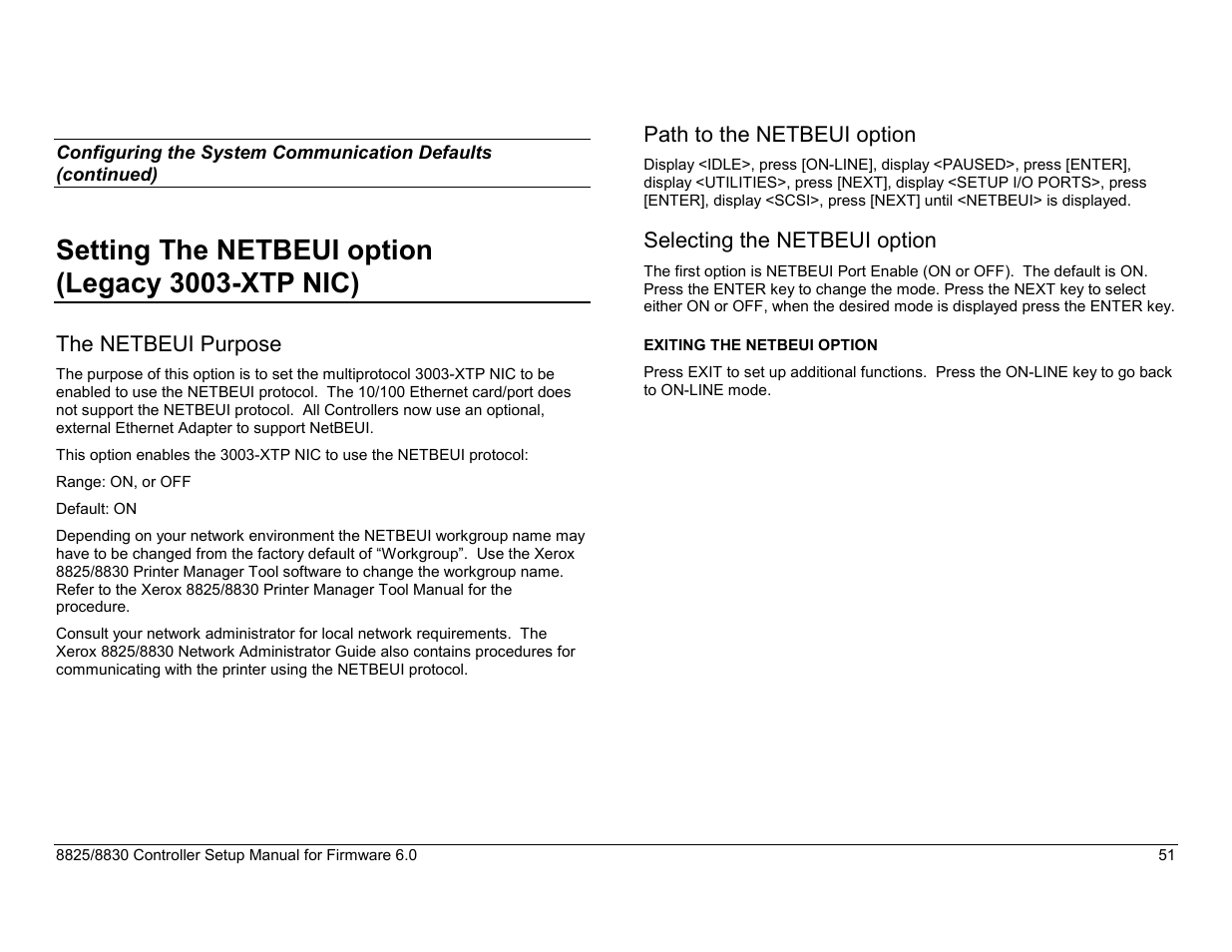 Setting the netbeui option (legacy 3003-xtp nic), Selecting ethertalk options, Exiting ethertalk options | Path to the netbeui option | Xerox 8825 User Manual | Page 67 / 162