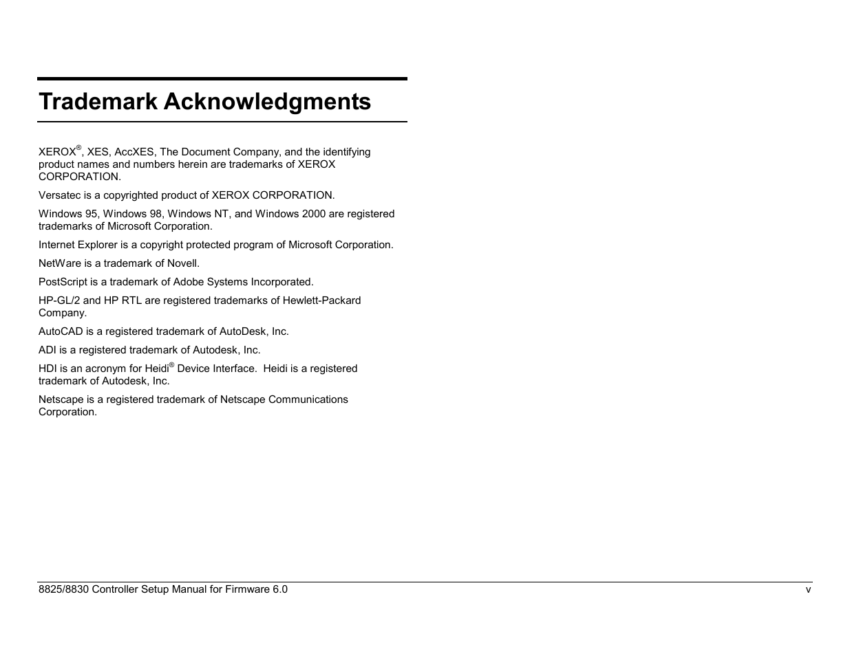 Trademark acknowledgments | Xerox 8825 User Manual | Page 7 / 162