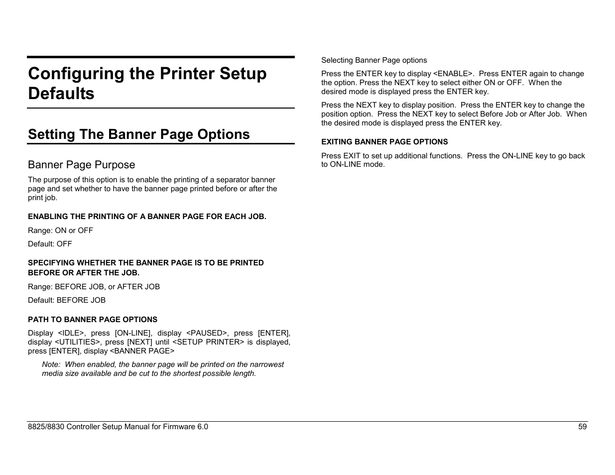 Configuring the printer setup defaults, Path to the date and time option, Selecting the date and time option | Exiting the date and time option, The purpose of the time out setting, Selecting the time out option, Exiting the time out option, Setting the maximum plot length option, Setting the banner page options, Banner page purpose | Xerox 8825 User Manual | Page 75 / 162