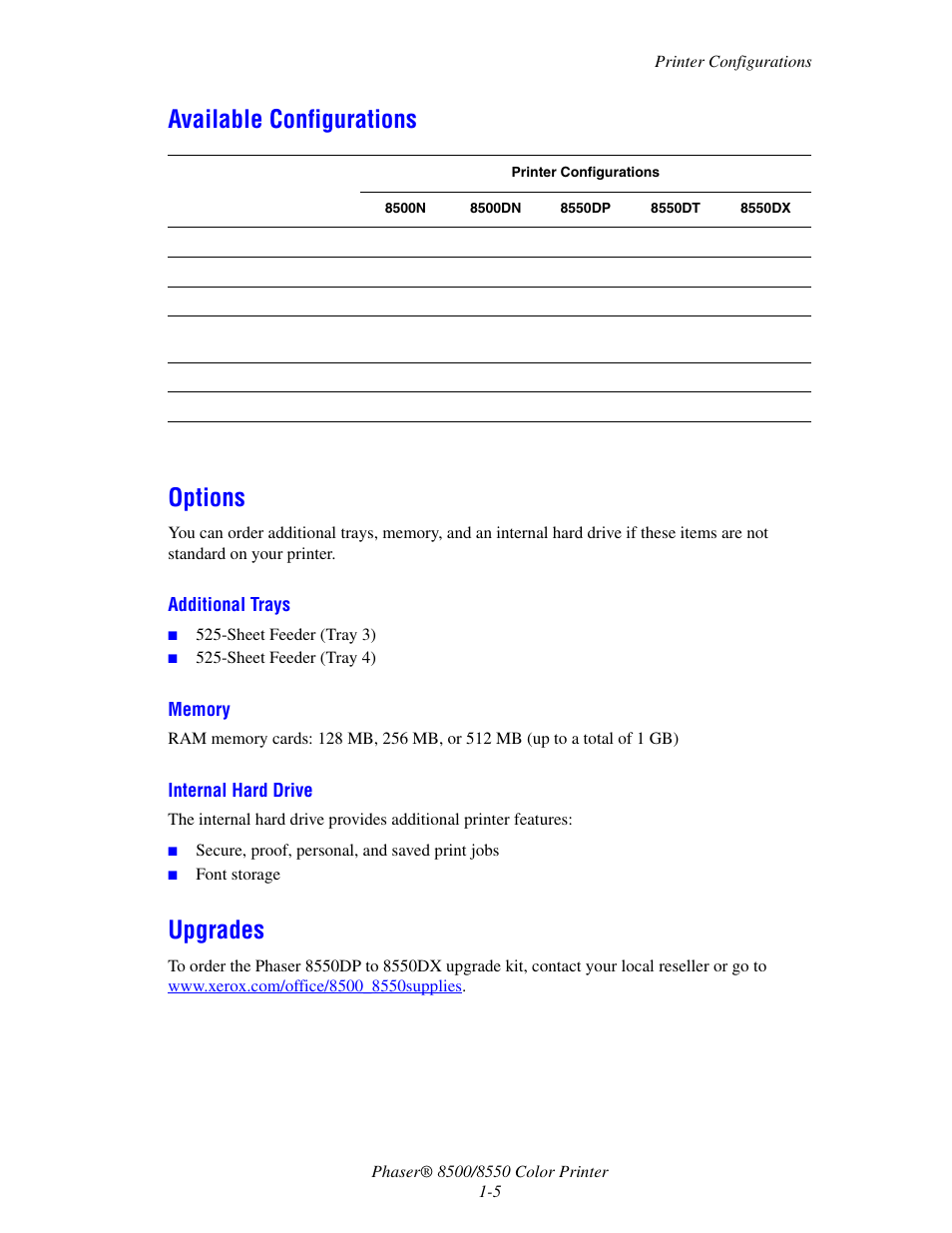 Available configurations, Options, Upgrades | Available configurations -5 options -5 upgrades -5, Available configurations options | Xerox 8500/8550 User Manual | Page 10 / 145