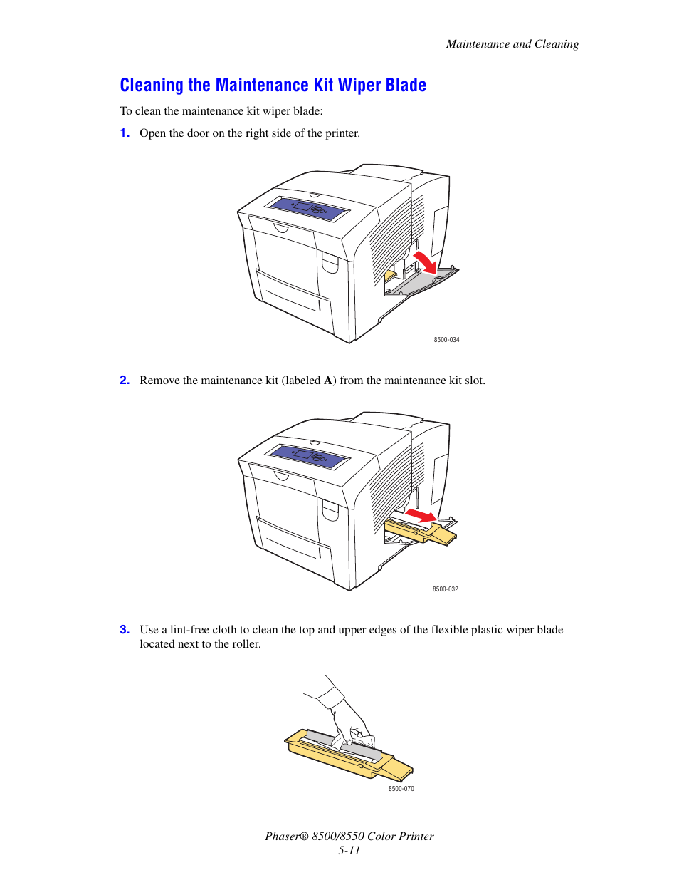 Cleaning the maintenance kit wiper blade, Cleaning the maintenance kit wiper blade -11 | Xerox 8500/8550 User Manual | Page 102 / 145