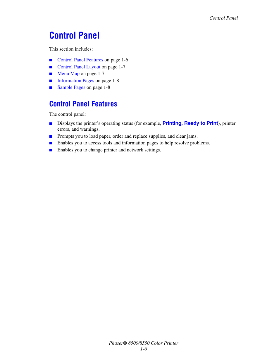 Control panel, Control panel features, Control panel -6 | Control panel features -6 | Xerox 8500/8550 User Manual | Page 11 / 145