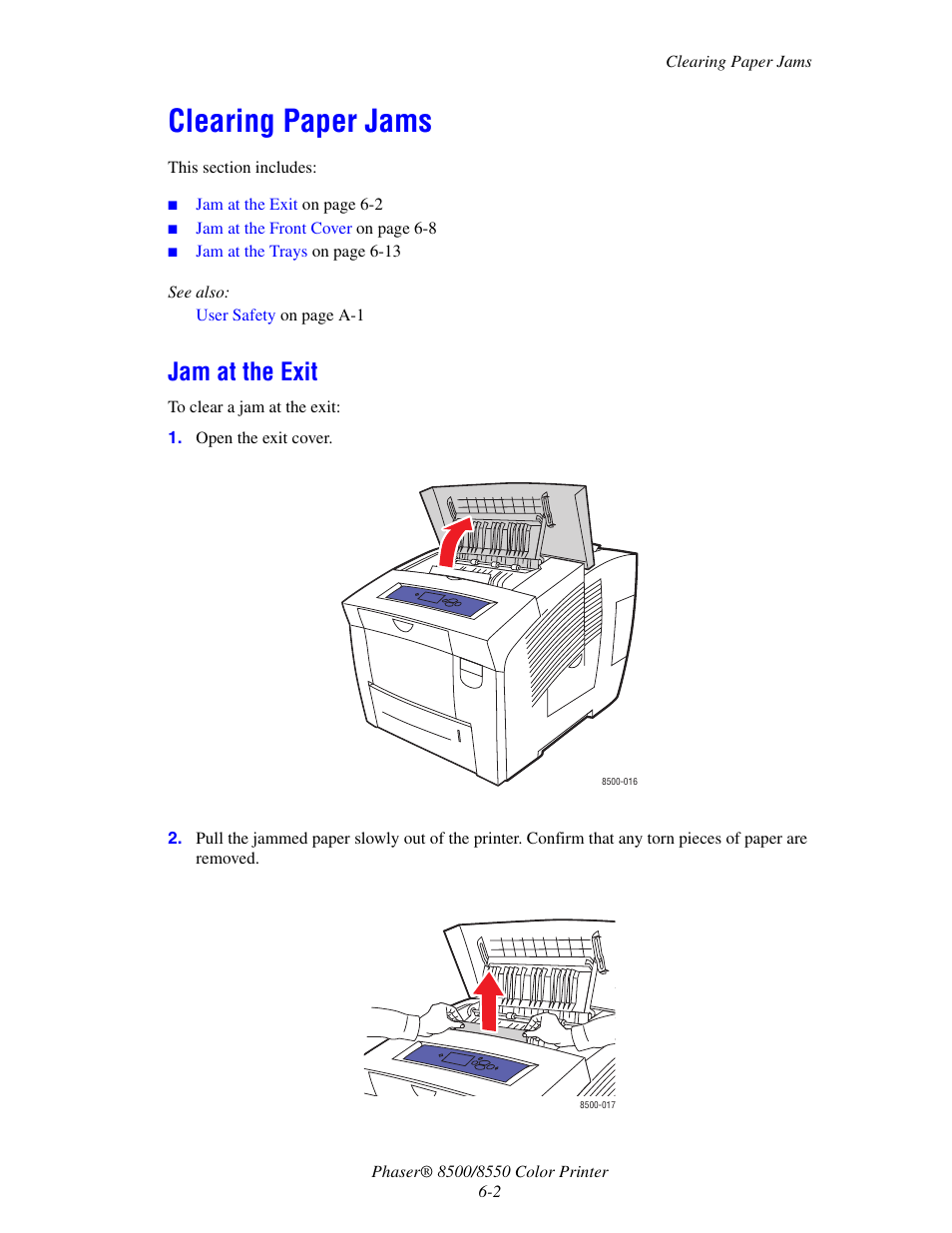Clearing paper jams, Jam at the exit, Clearing paper jams -2 | Jam at the exit -2 | Xerox 8500/8550 User Manual | Page 115 / 145