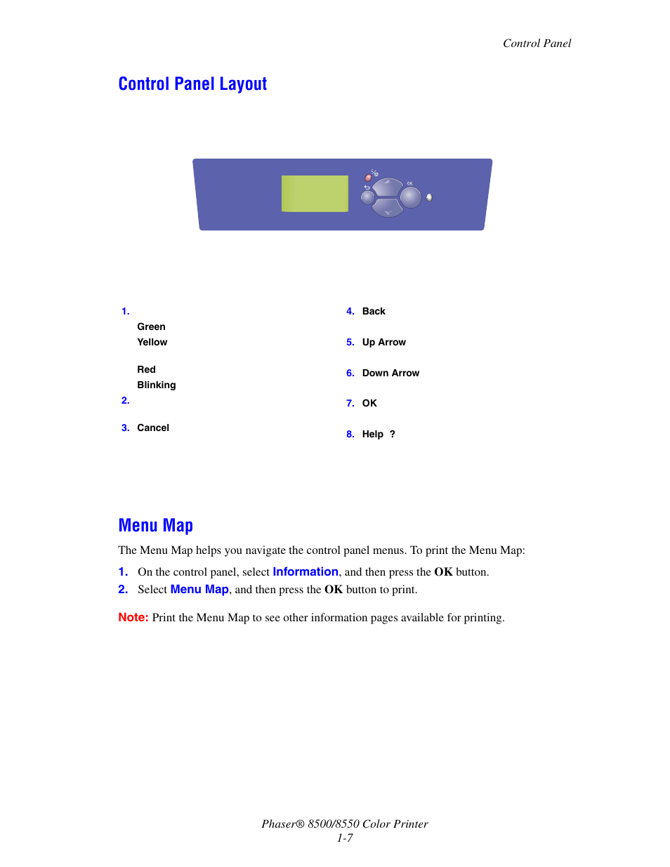 Control panel layout, Menu map, Control panel layout -7 menu map -7 | Xerox 8500/8550 User Manual | Page 12 / 145