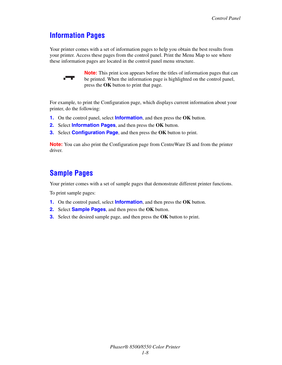 Information pages, Sample pages | Xerox 8500/8550 User Manual | Page 13 / 145