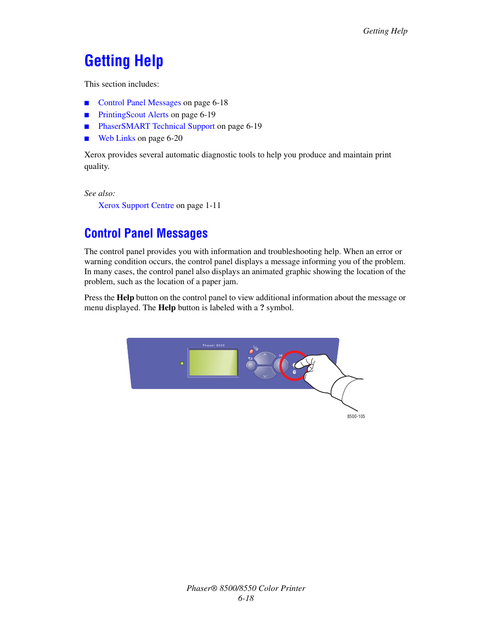 Getting help, Control panel messages, Getting help -18 | Control panel messages -18 | Xerox 8500/8550 User Manual | Page 131 / 145