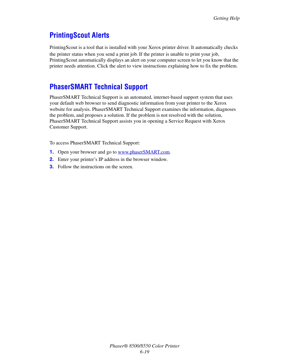 Printingscout alerts, Phasersmart technical support | Xerox 8500/8550 User Manual | Page 132 / 145