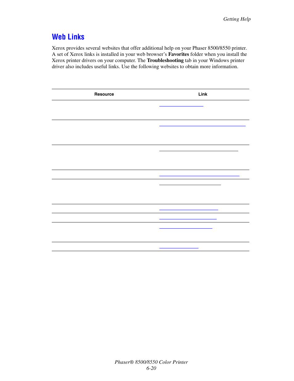 Web links, Web links -20 | Xerox 8500/8550 User Manual | Page 133 / 145