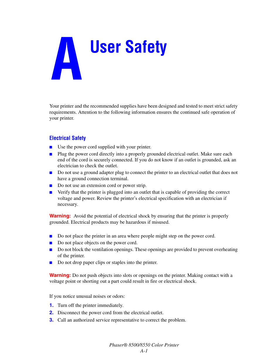 User safety | Xerox 8500/8550 User Manual | Page 134 / 145