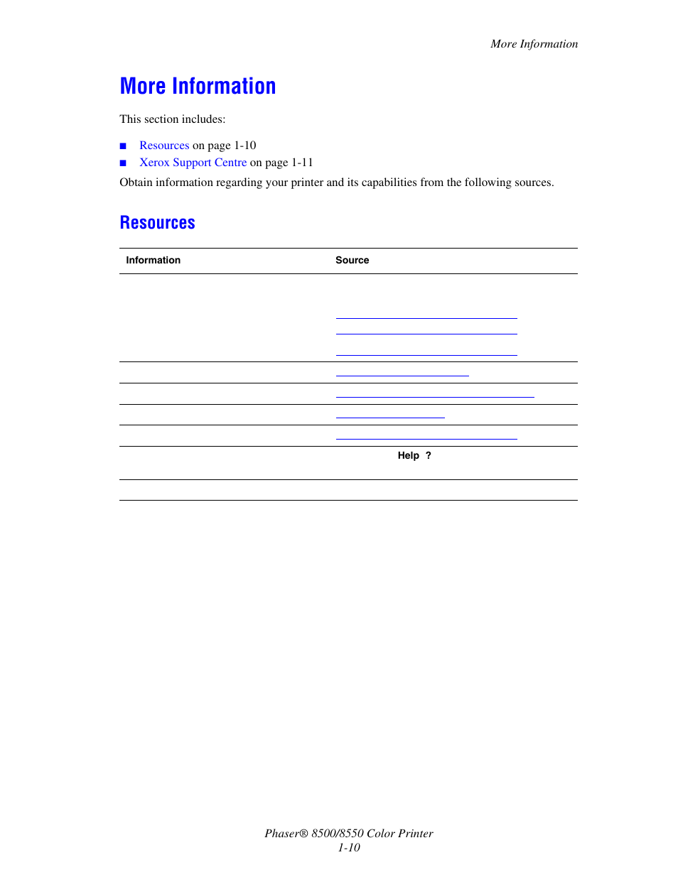 More information, Resources, More information -10 | Resources -10 | Xerox 8500/8550 User Manual | Page 15 / 145