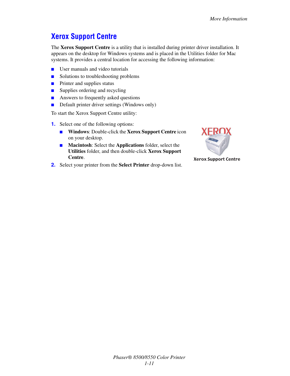 Xerox support centre, Xerox support centre -11 | Xerox 8500/8550 User Manual | Page 16 / 145