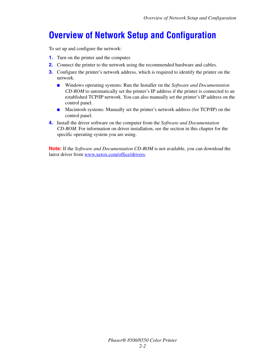 Overview of network setup and configuration, Overview of network setup and configuration -2 | Xerox 8500/8550 User Manual | Page 18 / 145