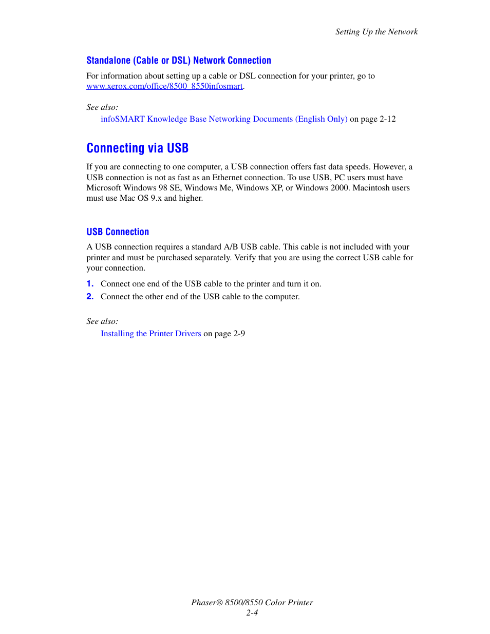 Connecting via usb, Connecting via usb -4 | Xerox 8500/8550 User Manual | Page 20 / 145
