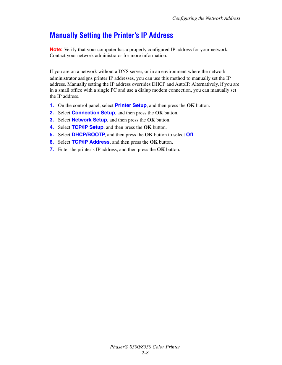 Manually setting the printer’s ip address, Manually setting the printer’s ip address -8 | Xerox 8500/8550 User Manual | Page 24 / 145