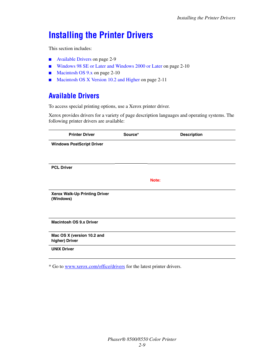 Installing the printer drivers, Available drivers, Installing the printer drivers -9 | Available drivers -9 | Xerox 8500/8550 User Manual | Page 25 / 145