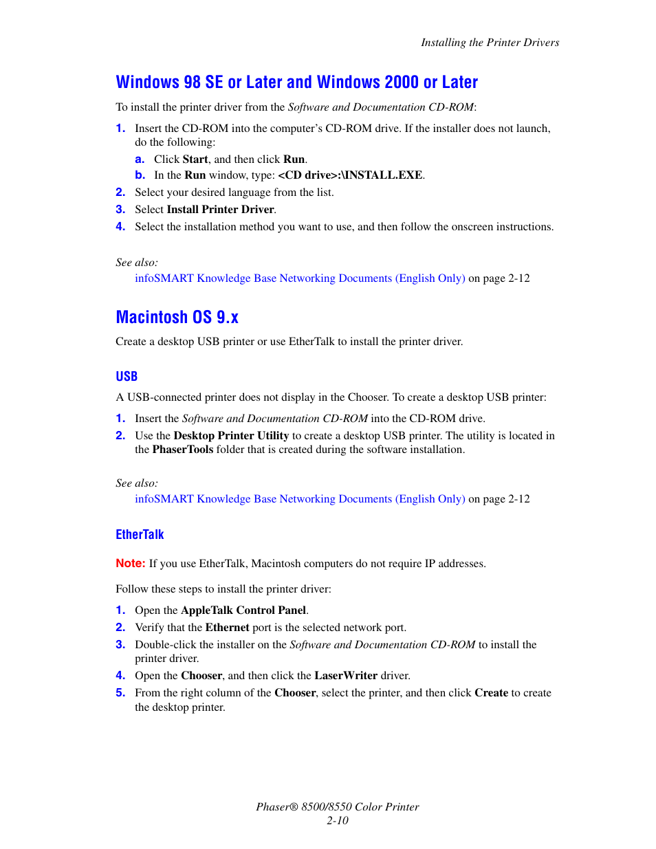 Windows 98 se or later and windows 2000 or later, Macintosh os 9.x | Xerox 8500/8550 User Manual | Page 26 / 145
