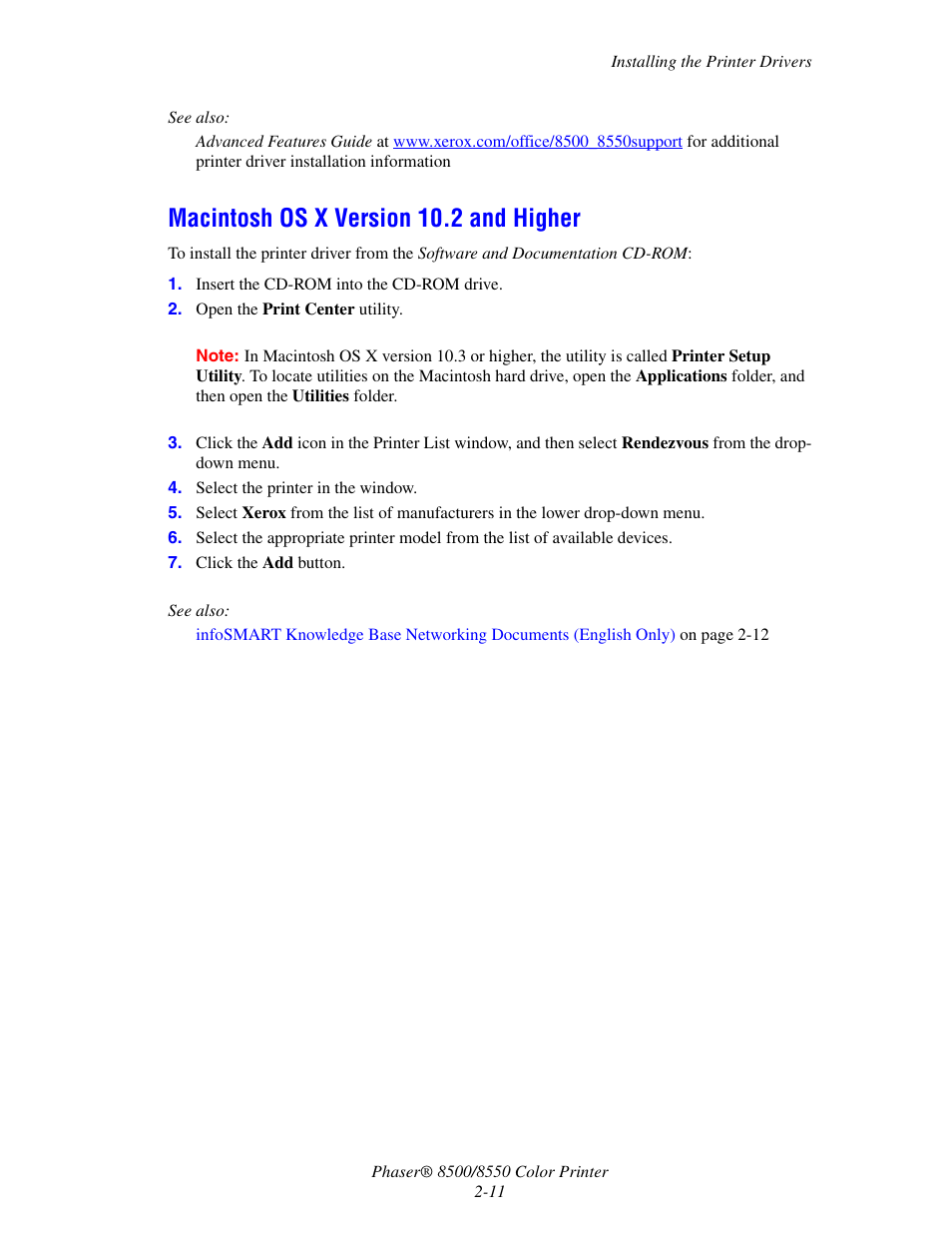 Macintosh os x version 10.2 and higher, Macintosh os x version 10.2 and higher -11 | Xerox 8500/8550 User Manual | Page 27 / 145