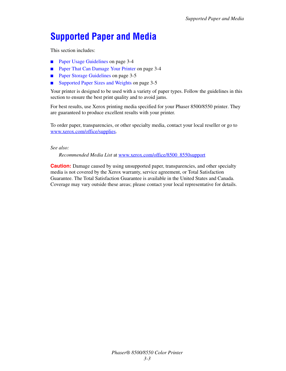 Supported paper and media, Supported paper and media -3 | Xerox 8500/8550 User Manual | Page 31 / 145