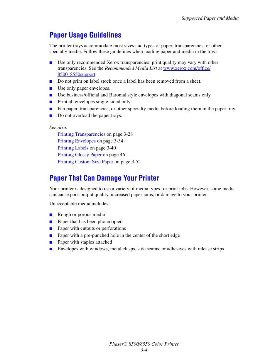 Paper usage guidelines, Paper that can damage your printer | Xerox 8500/8550 User Manual | Page 32 / 145