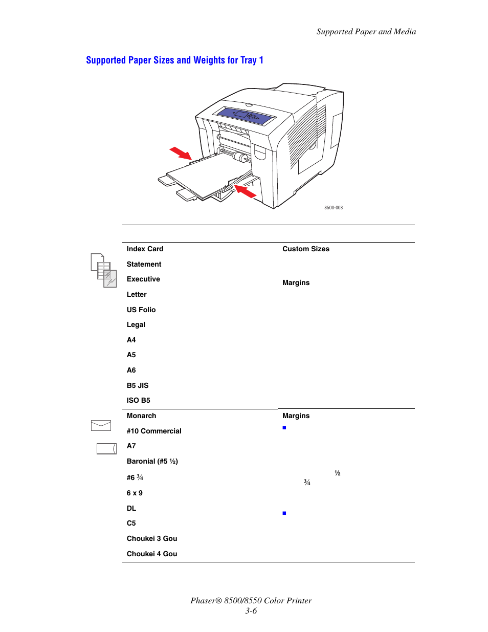 Supported paper sizes and weights for tray 1 | Xerox 8500/8550 User Manual | Page 34 / 145