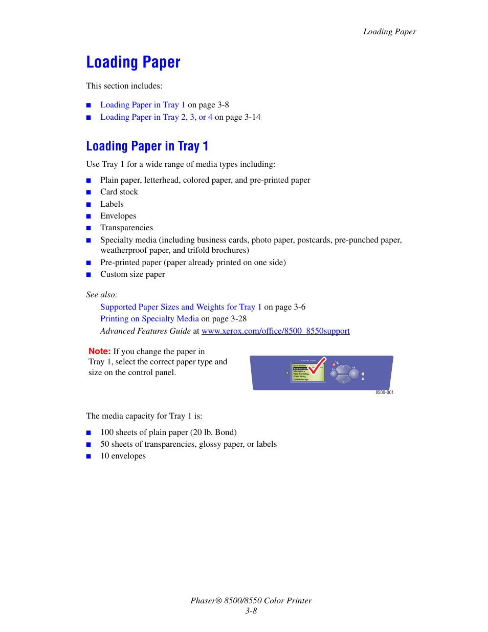 Loading paper, Loading paper in tray 1, Loading paper -8 | Loading paper in tray 1 -8 | Xerox 8500/8550 User Manual | Page 36 / 145