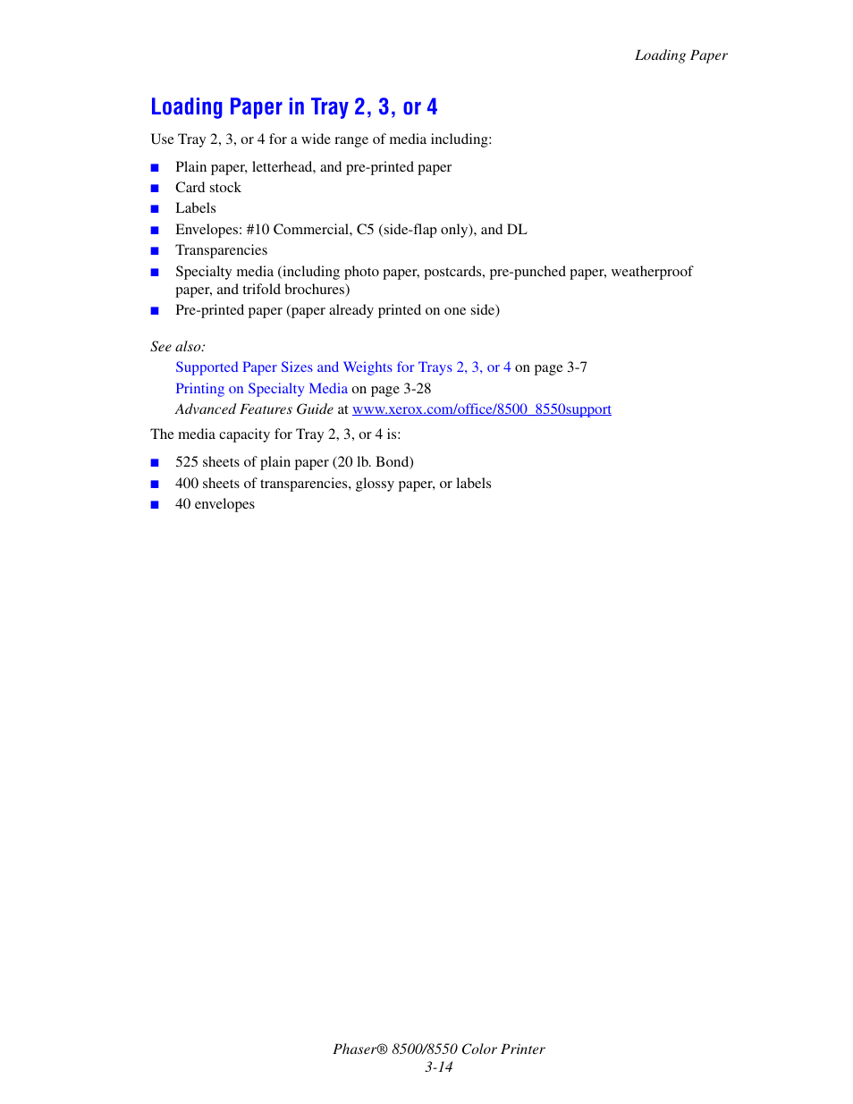 Loading paper in tray 2, 3, or 4, Loading paper in tray 2, 3, or 4 -14 | Xerox 8500/8550 User Manual | Page 42 / 145