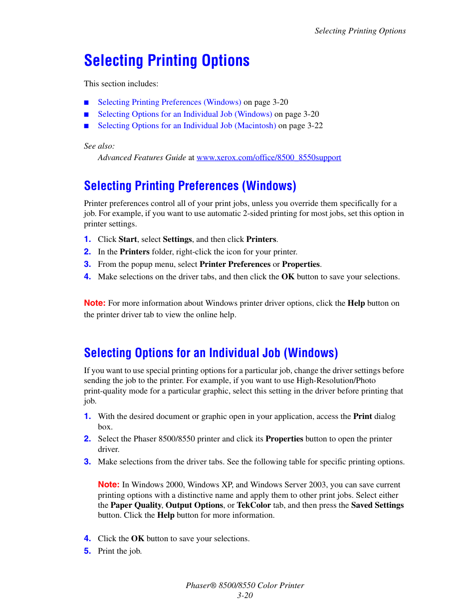 Selecting printing options, Selecting printing preferences (windows), Selecting options for an individual job (windows) | Selecting printing options -20 | Xerox 8500/8550 User Manual | Page 48 / 145