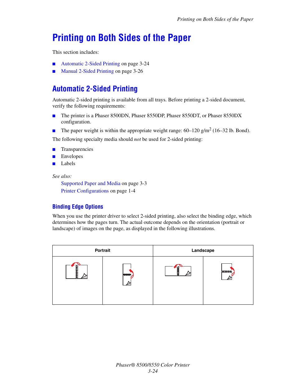 Printing on both sides of the paper, Automatic 2-sided printing, Printing on both sides of the paper -24 | Automatic 2-sided printing -24 | Xerox 8500/8550 User Manual | Page 52 / 145