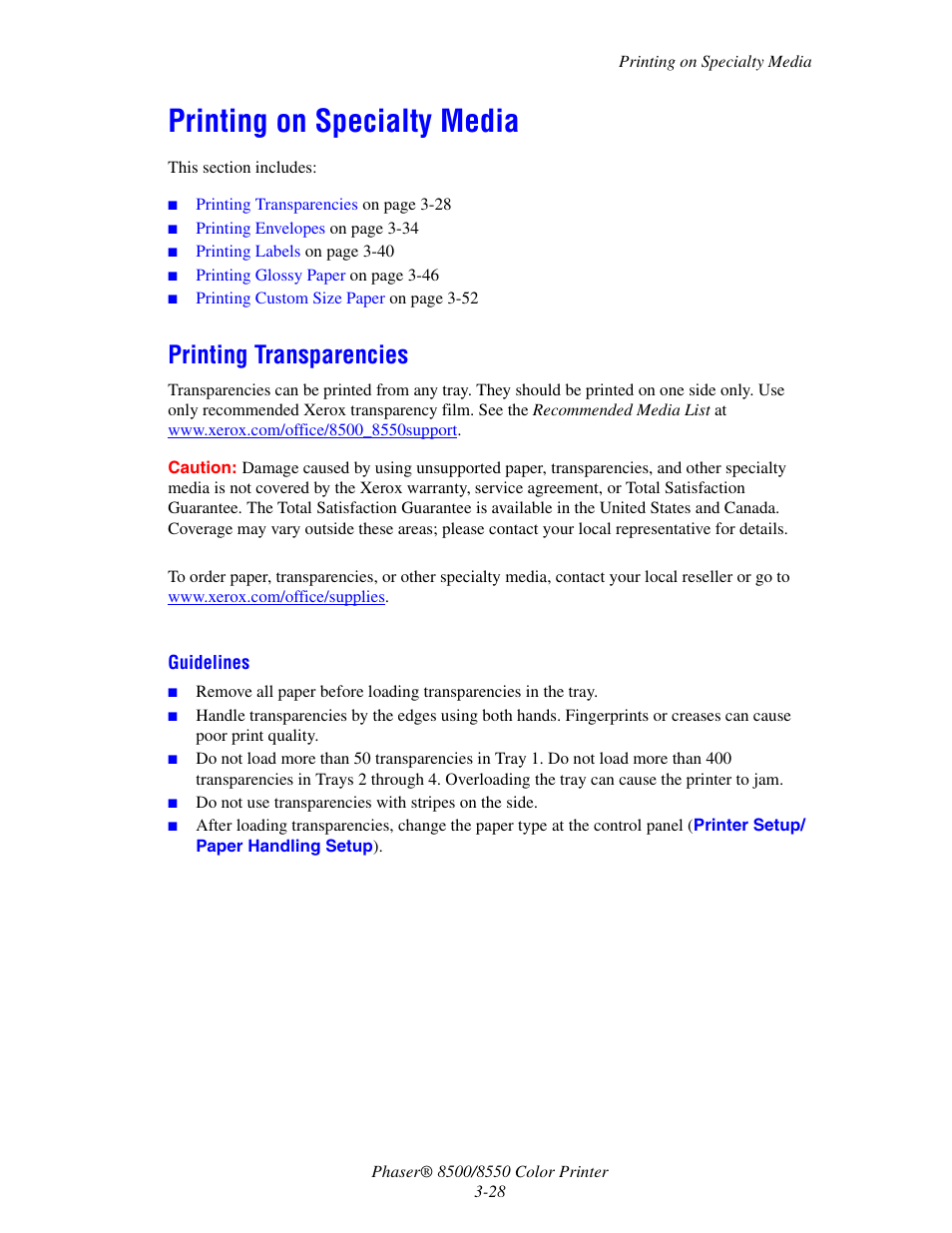 Printing on specialty media, Printing transparencies, Printing on specialty media -28 | Printing transparencies -28 | Xerox 8500/8550 User Manual | Page 56 / 145