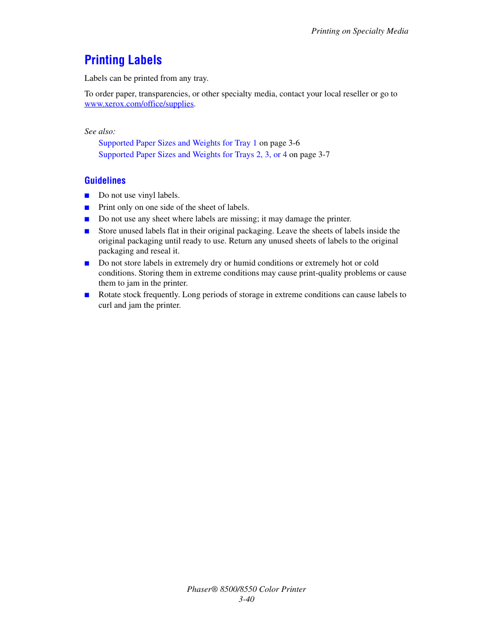 Printing labels, Printing labels -40 | Xerox 8500/8550 User Manual | Page 68 / 145