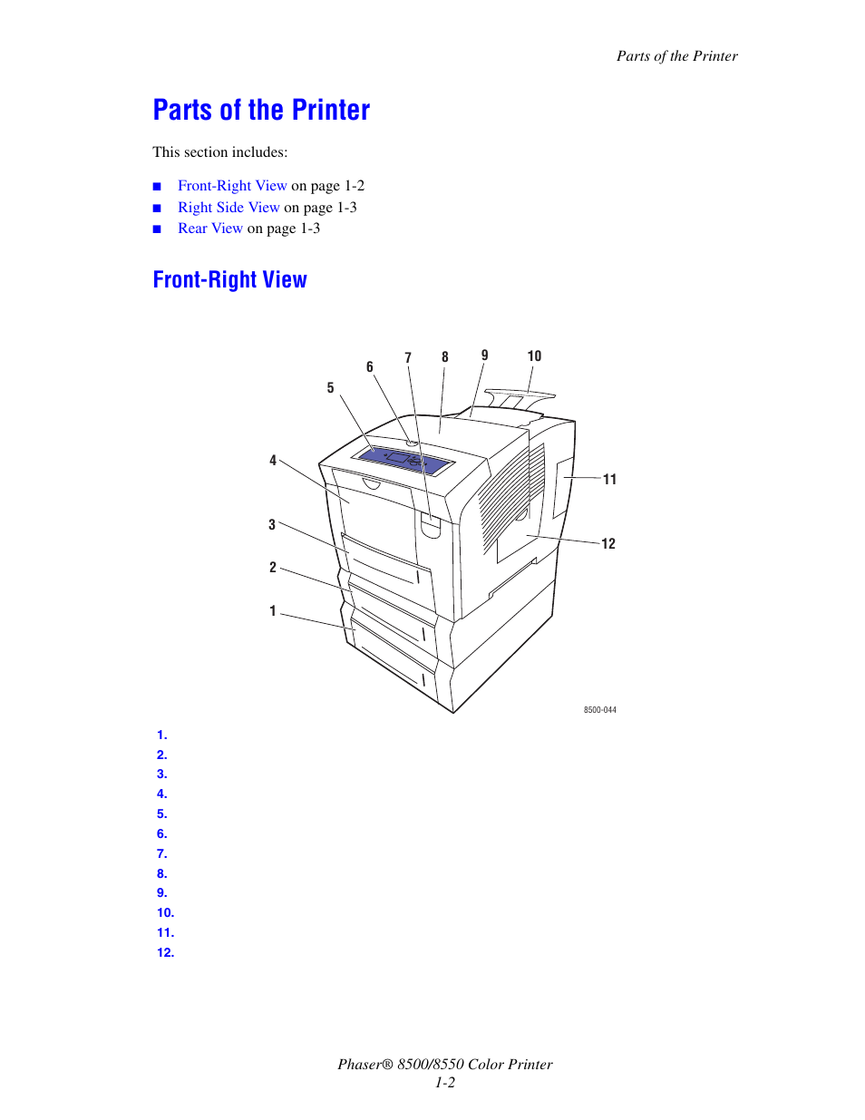 Parts of the printer, Front-right view, Parts of the printer -2 | Front-right view -2 | Xerox 8500/8550 User Manual | Page 7 / 145