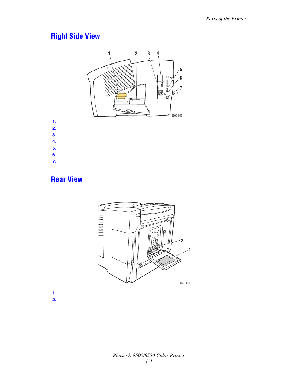 Right side view, Rear view, Right side view -3 rear view -3 | Right side view rear view | Xerox 8500/8550 User Manual | Page 8 / 145