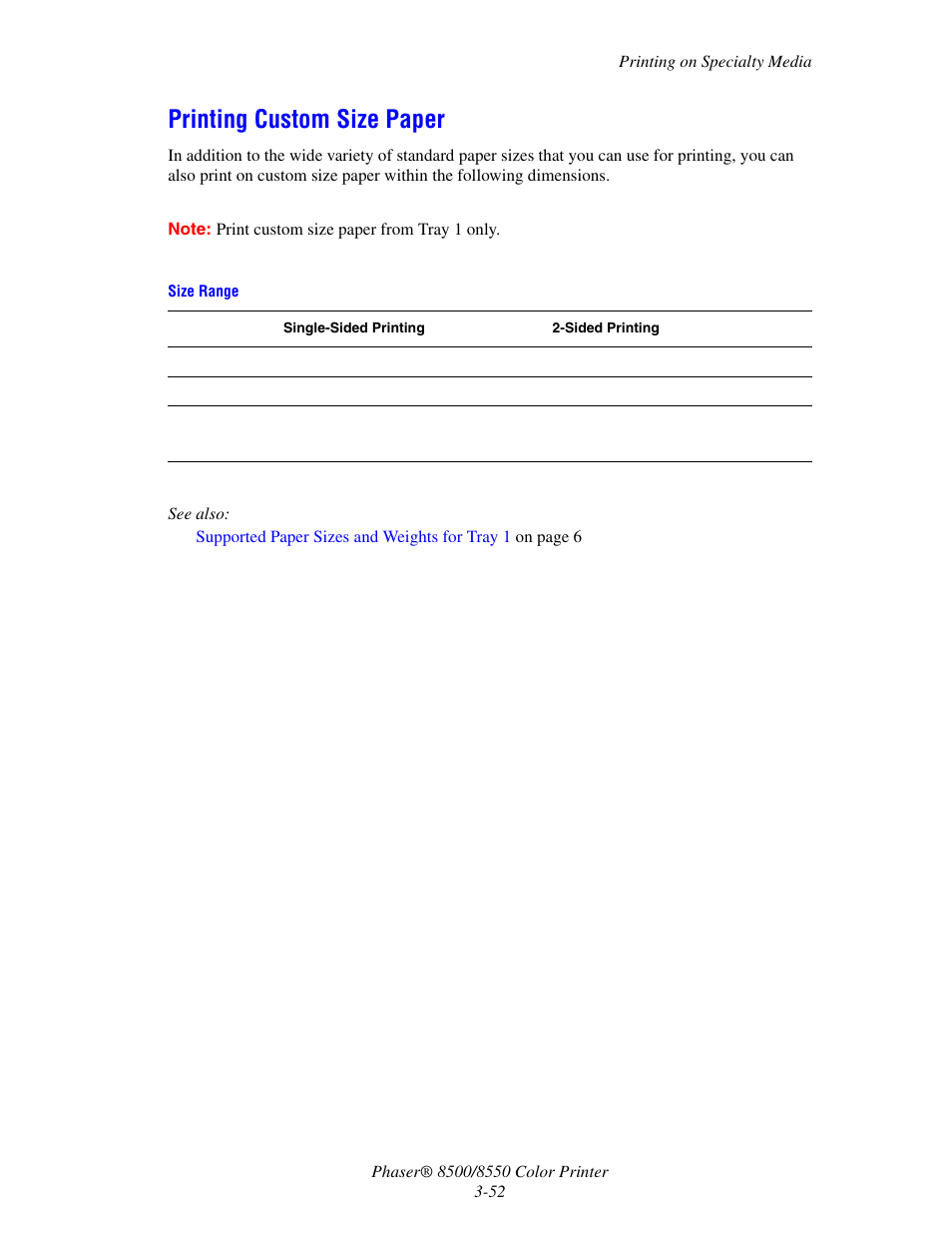 Printing custom size paper, Printing custom size paper -52 | Xerox 8500/8550 User Manual | Page 80 / 145