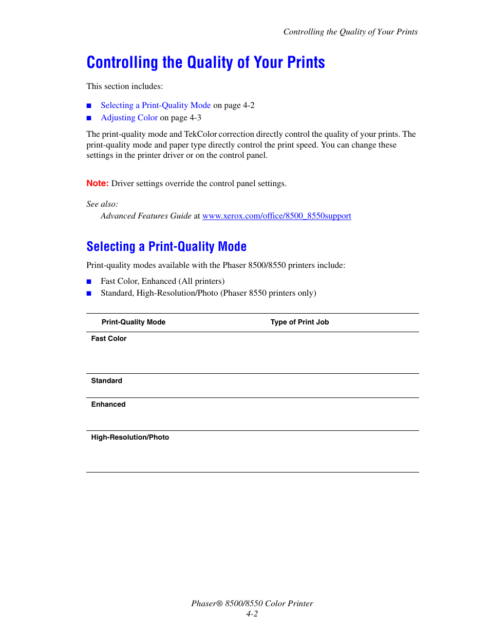 Controlling the quality of your prints, Selecting a print-quality mode, Controlling the quality of your prints -2 | Selecting a print-quality mode -2 | Xerox 8500/8550 User Manual | Page 85 / 145