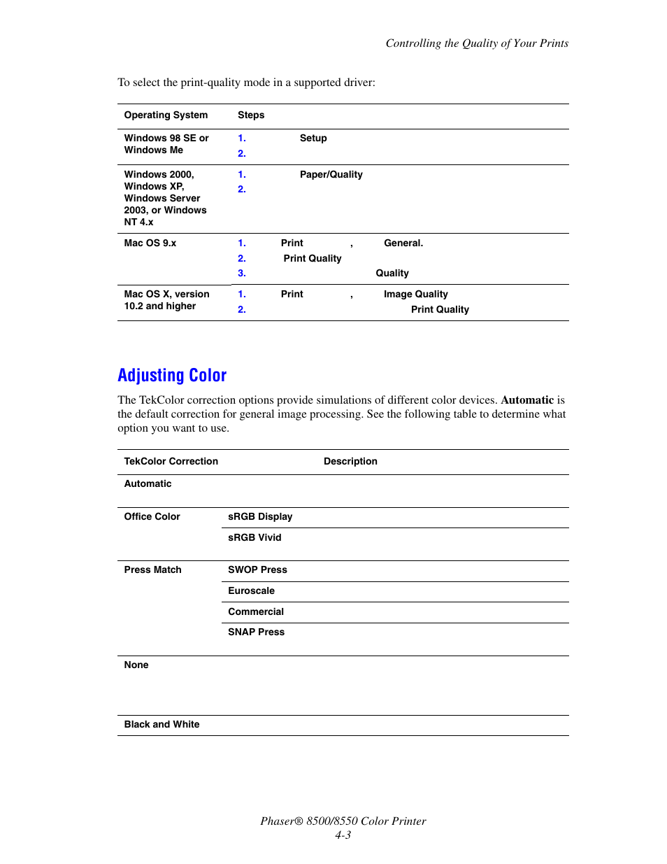 Adjusting color, Adjusting color -3 | Xerox 8500/8550 User Manual | Page 86 / 145