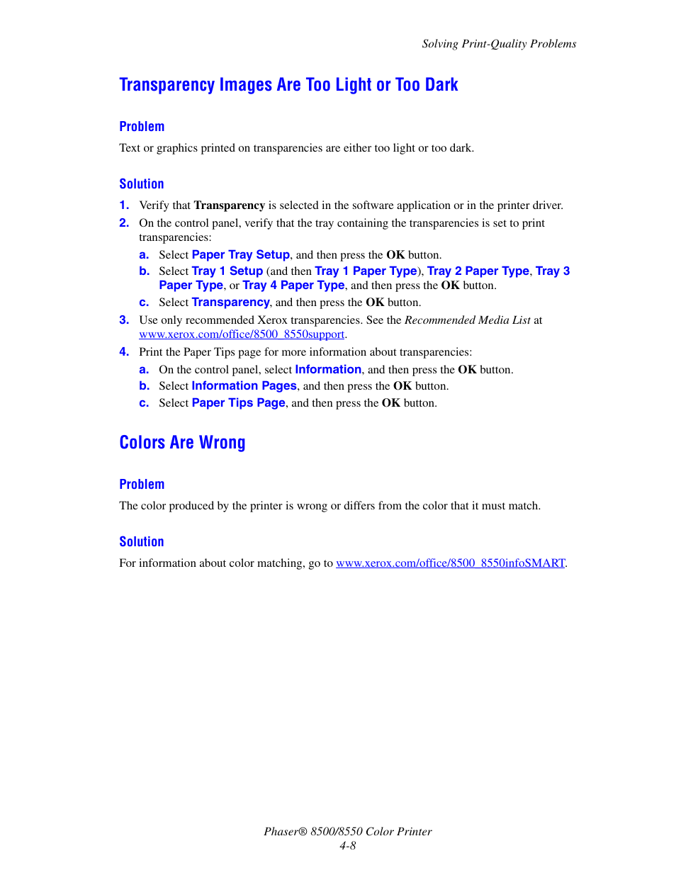 Transparency images are too light or too dark, Colors are wrong | Xerox 8500/8550 User Manual | Page 91 / 145