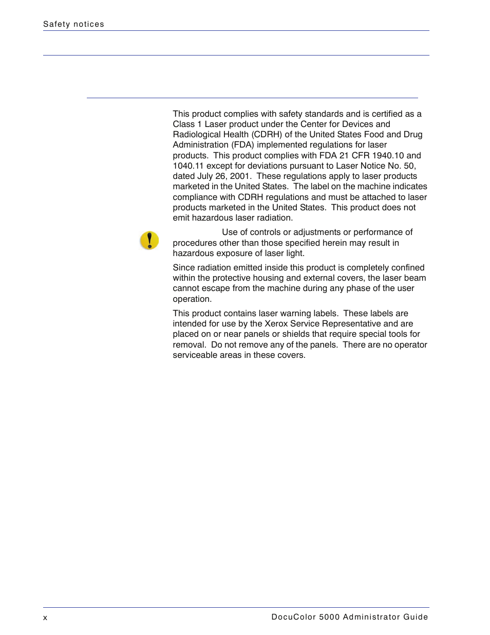 Laser safety, North america | Xerox DocuColor 5000 User Manual | Page 12 / 108