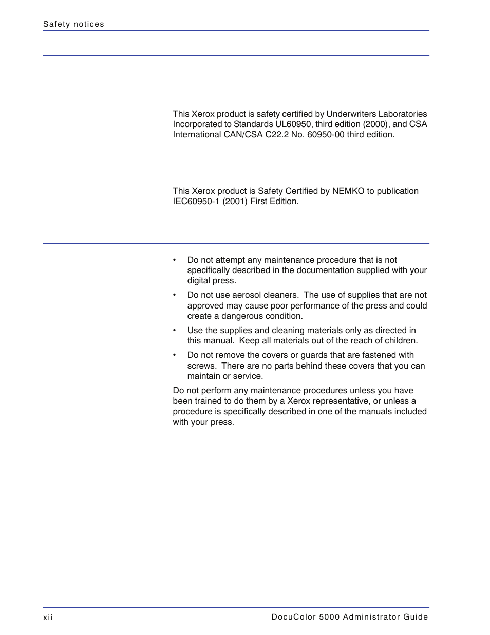Safety standards, North america, Europe (eu) | Maintenance safety | Xerox DocuColor 5000 User Manual | Page 14 / 108