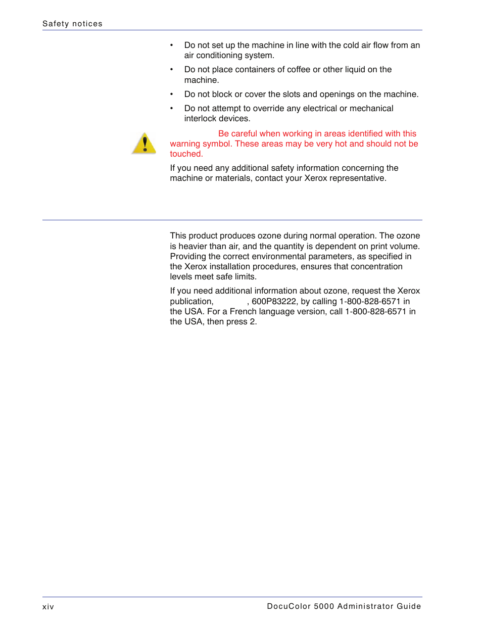 Ozone safety | Xerox DocuColor 5000 User Manual | Page 16 / 108